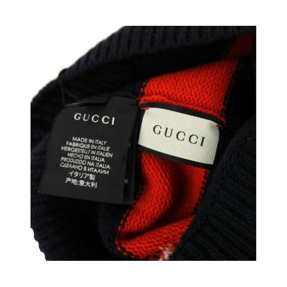 Gucci Men's Blue / Red Striped Wool Knit Beanie Hat With Large Bee M / 58 - Picture 4 of 4